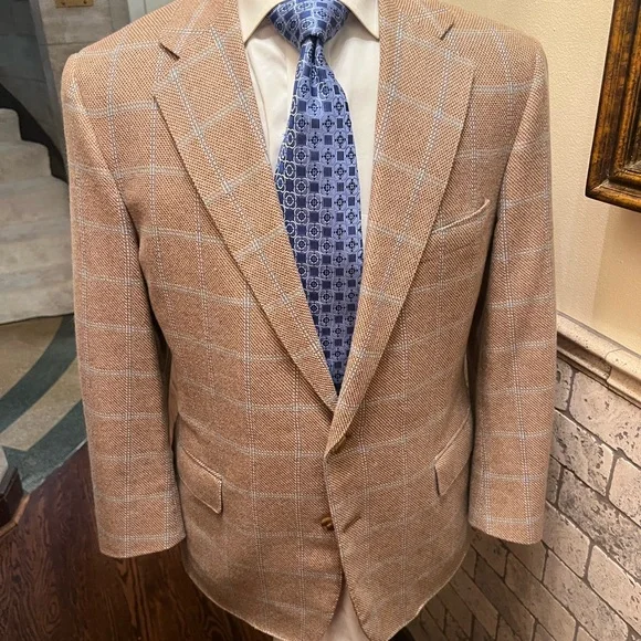 Custom Bespoke 100% Cashmere Windowpane Sport Coat Blazer Jacket Tan Men 42S - Picture 13 of 15